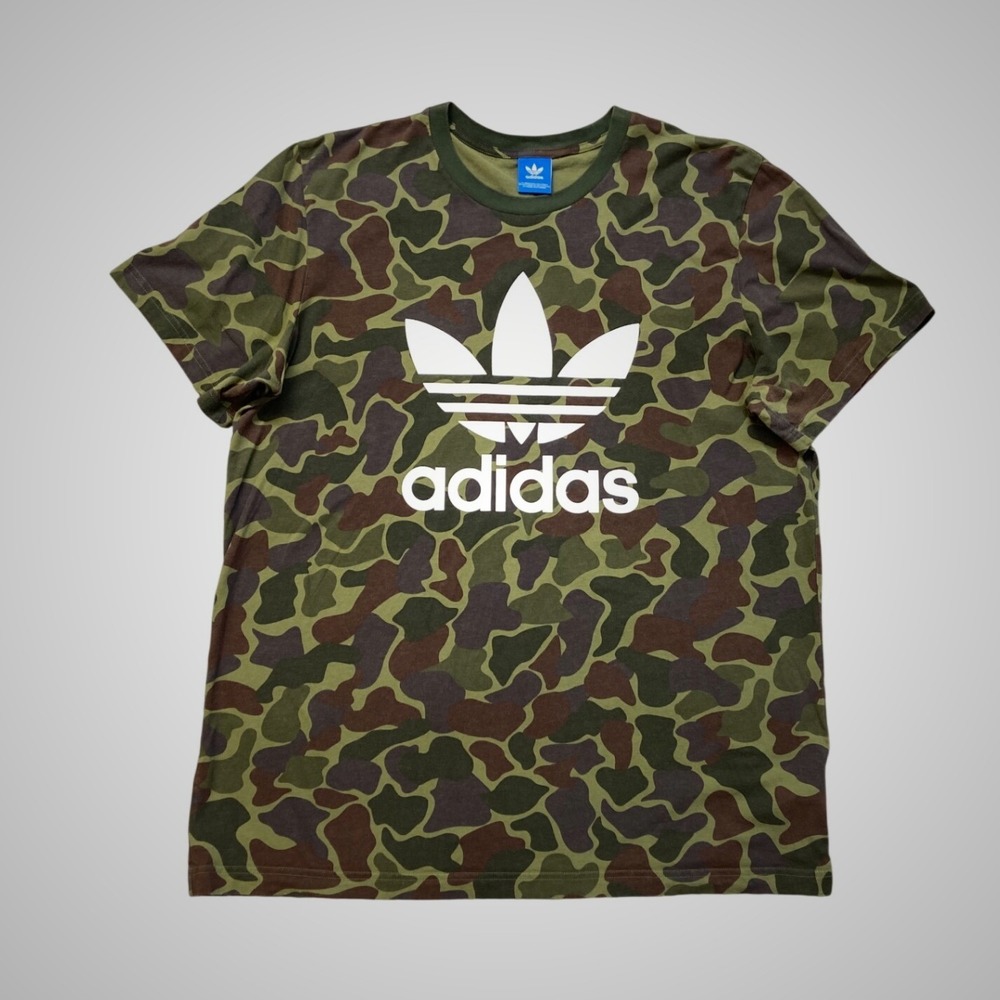 Adidas Originals Camo T-Shirt‎ Mens Medium Green Excellent Trefoil Logo BK5861